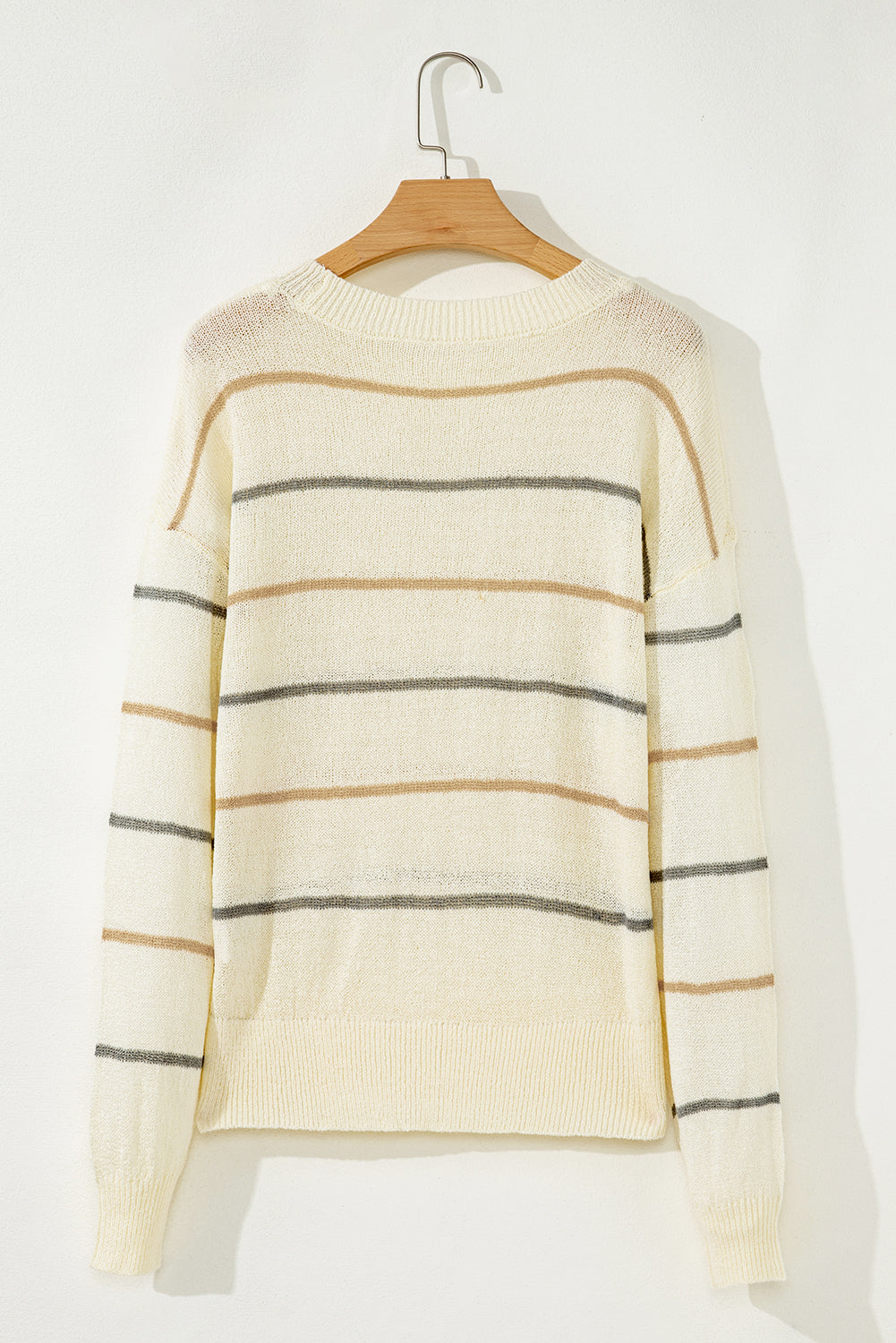 Brown Stripe Striped Ribbed Edge Drop Shoulder Sweater