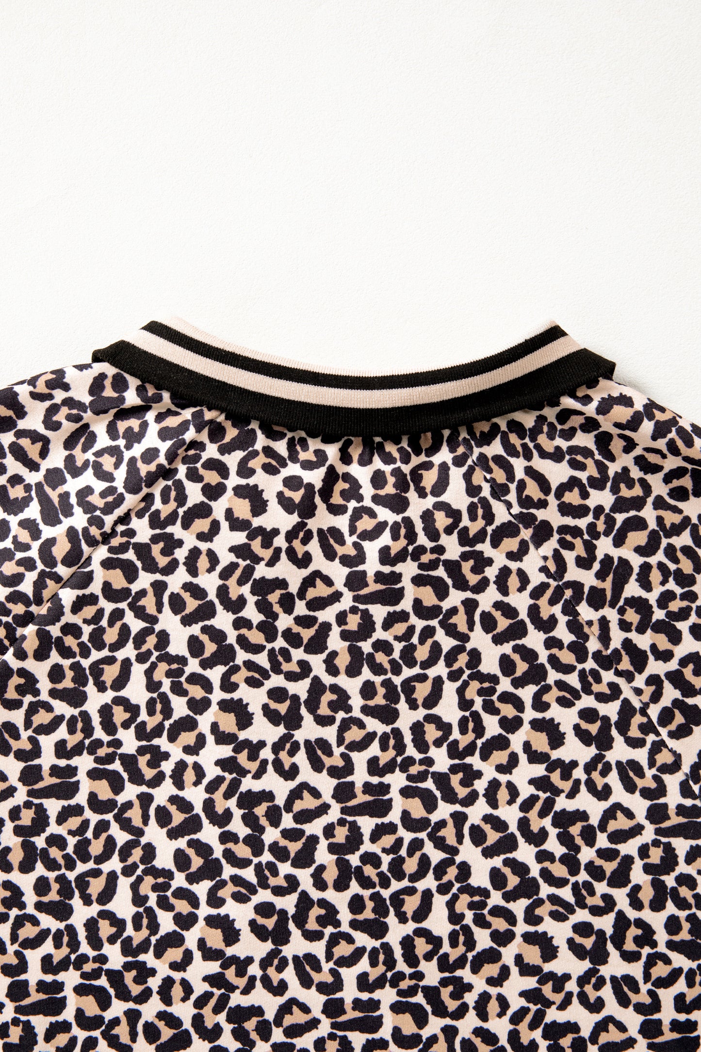 Brown Leopard Print Half Zip Striped Trim Patchwork Short Sleeve Top