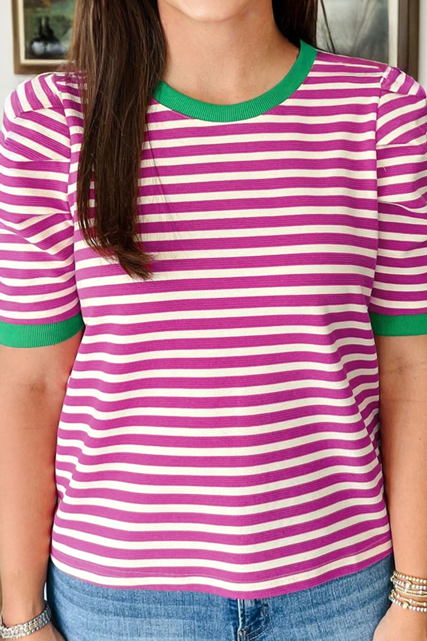Green Stripe Short Puff Sleeve Contrast Trim Round Neck Tee