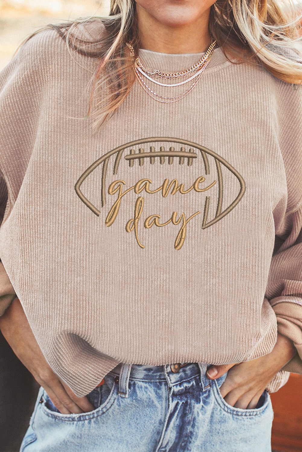 Black Rugby Game Day Embroidered Corduroy Sweatshirt