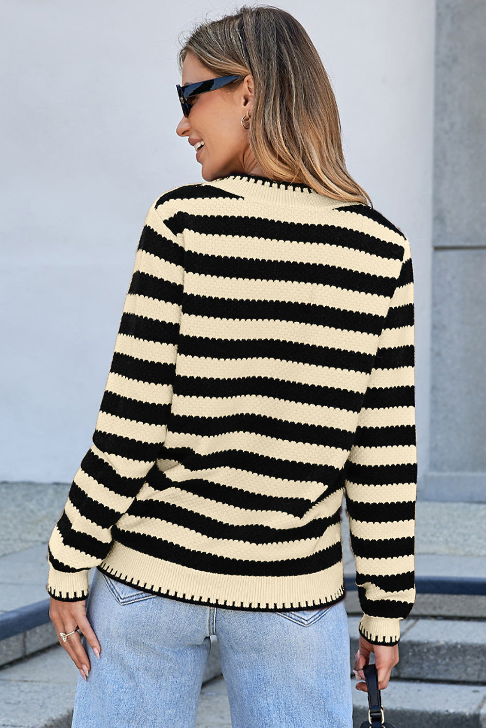 White Stripe Chic Golden Button Cardigan Sweater
