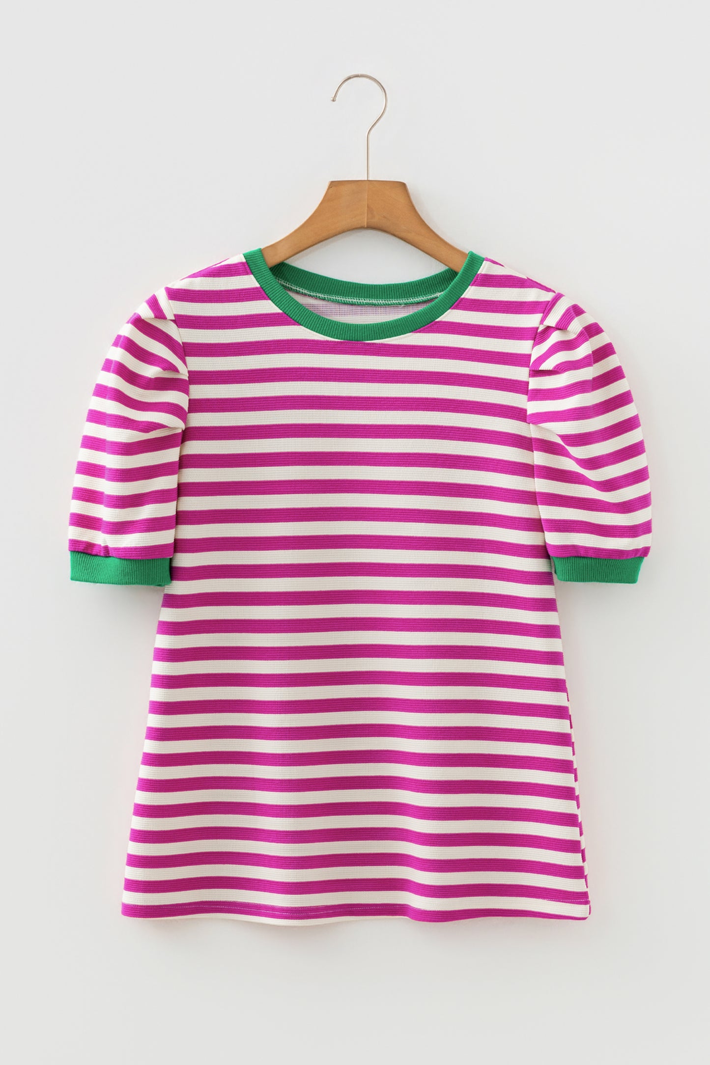 Green Stripe Short Puff Sleeve Contrast Trim Round Neck Tee