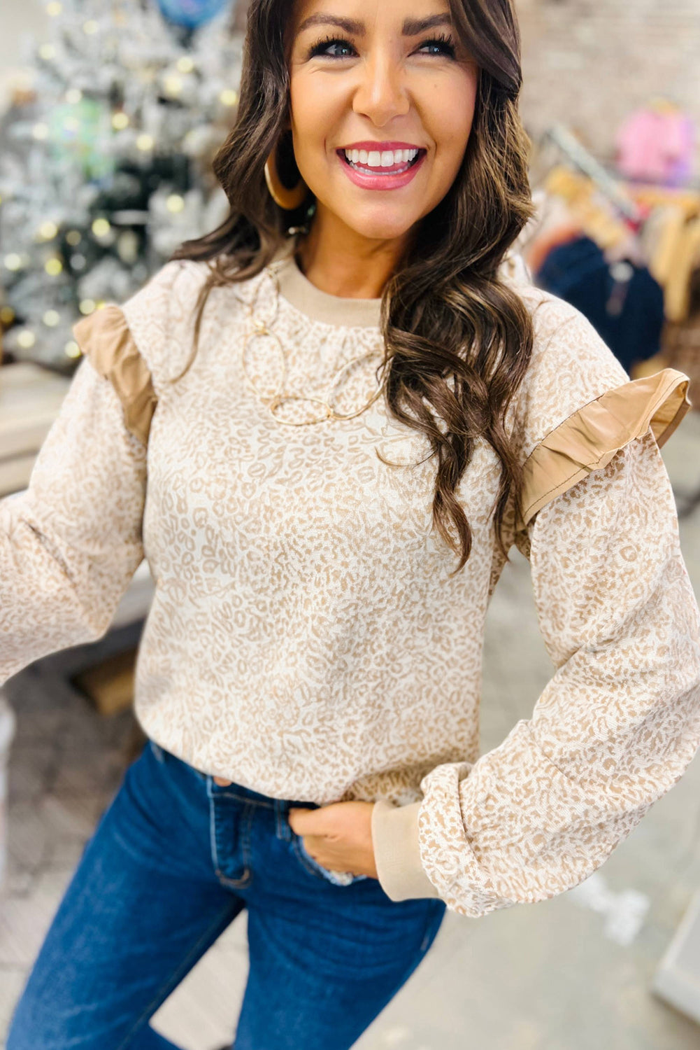 Khaki Leopard Ruffle Detail Ribbed Trim Round Neck Sweatshirt