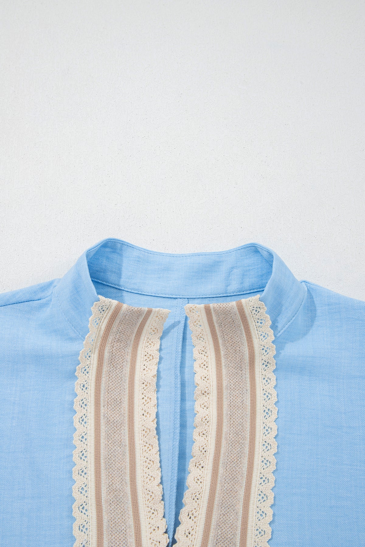 Beau Blue Crochet Lace Accent Pullover Rolled Short Sleeve Blouse