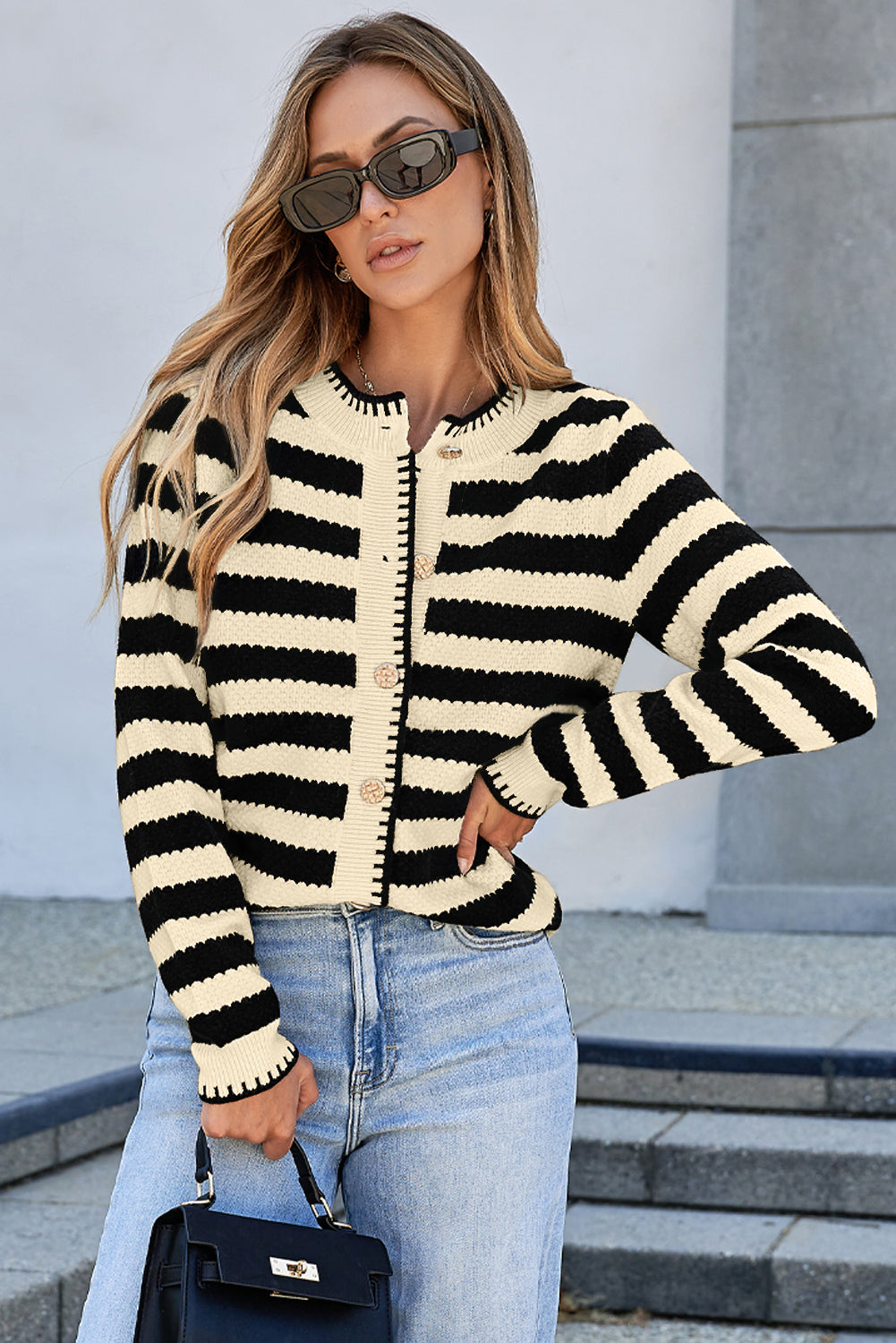 White Stripe Chic Golden Button Cardigan Sweater