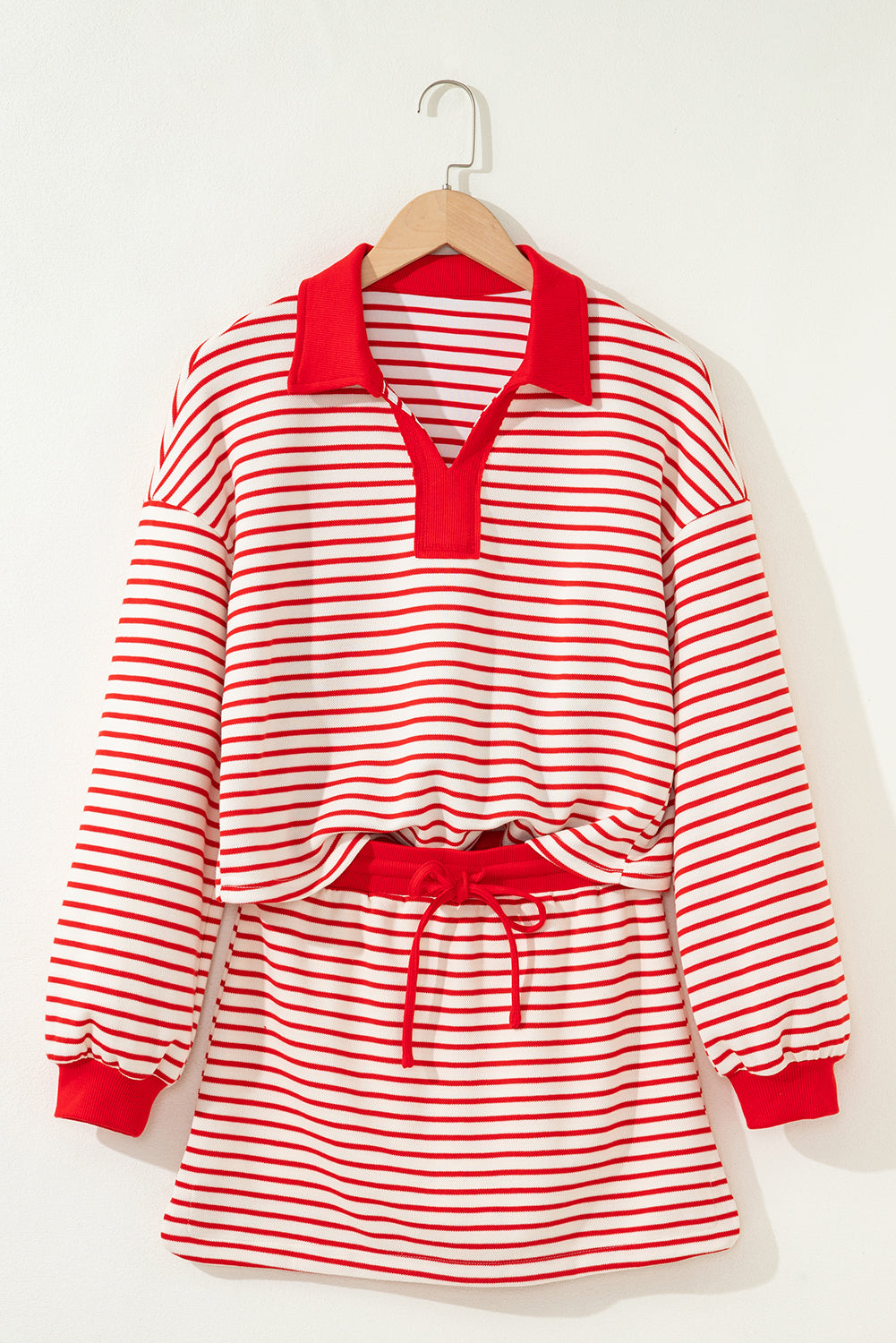 Pink Stripe Collared V Neck Drop Shoulder Pullover and Skort 2pcs Outfit