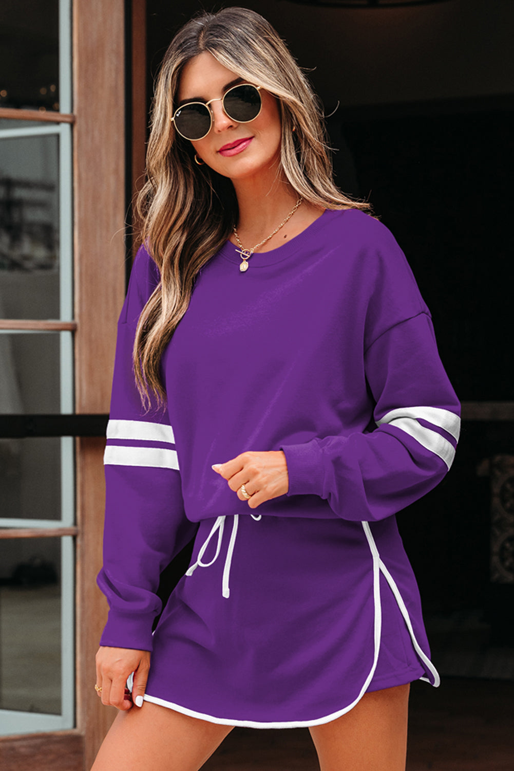 Fiery Red Varsity Stripe Detail Drop Shoulder Pullover Mini Skirt Set