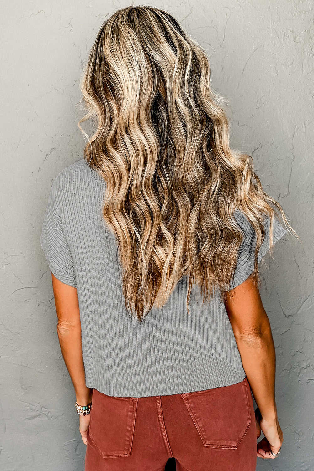 Dark Blue Patch Pocket Ribbed Knit Short Sleeve Sweater