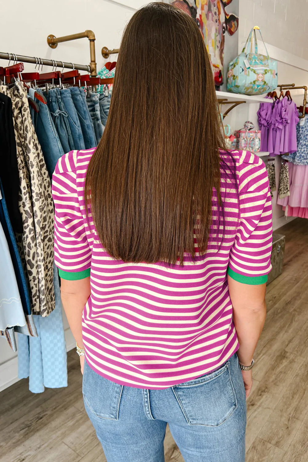 Green Stripe Short Puff Sleeve Contrast Trim Round Neck Tee