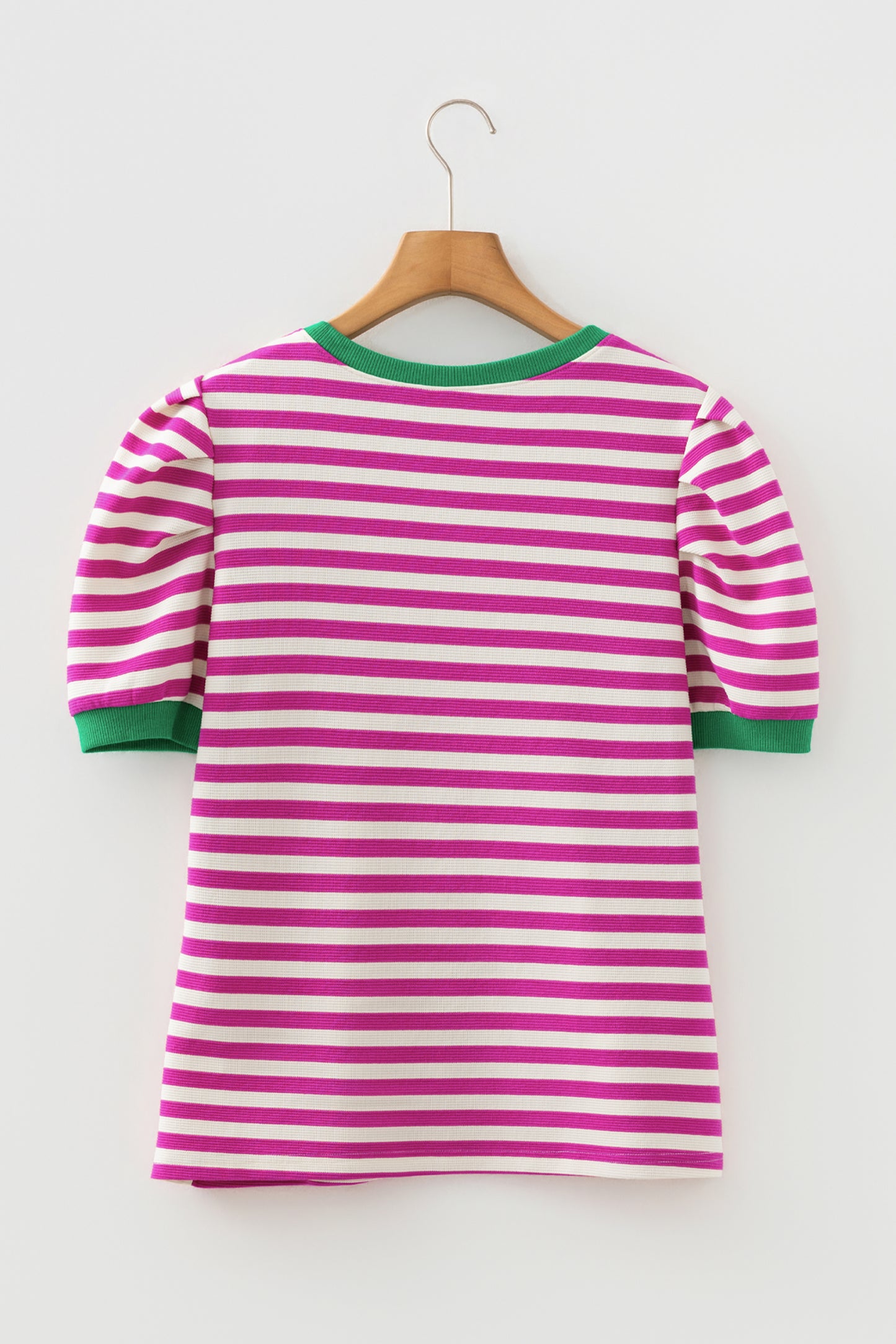 Green Stripe Short Puff Sleeve Contrast Trim Round Neck Tee