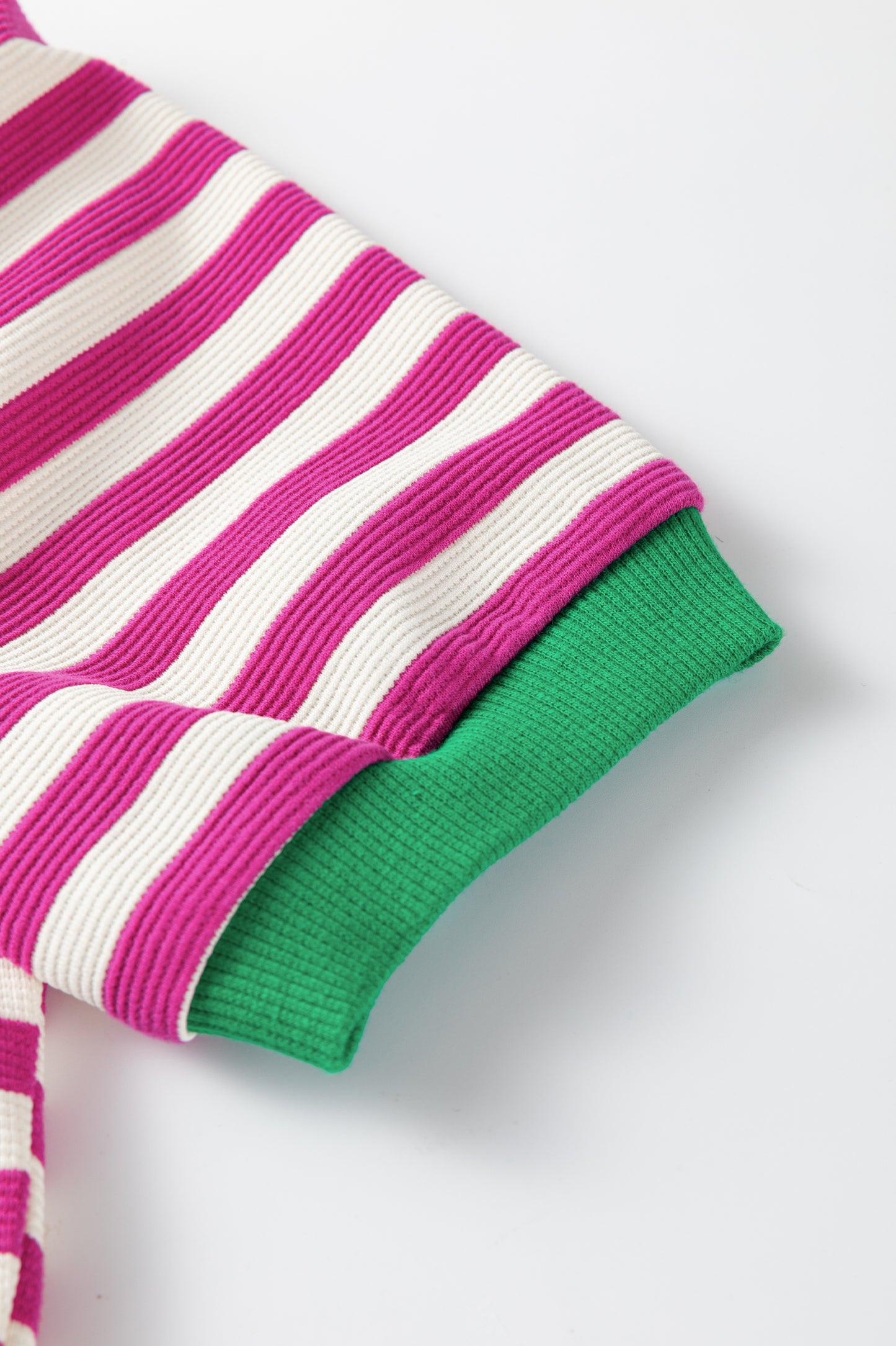 Green Stripe Short Puff Sleeve Contrast Trim Round Neck Tee