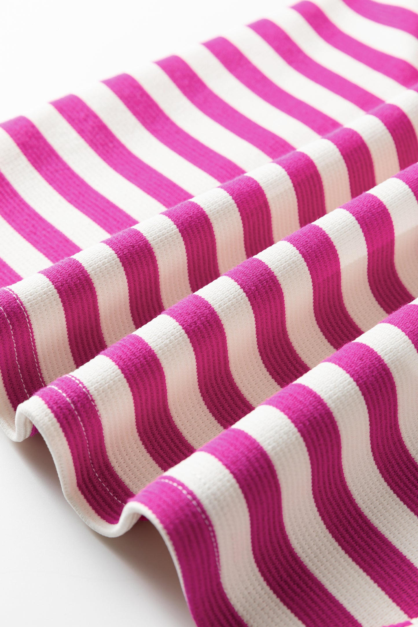 Green Stripe Short Puff Sleeve Contrast Trim Round Neck Tee