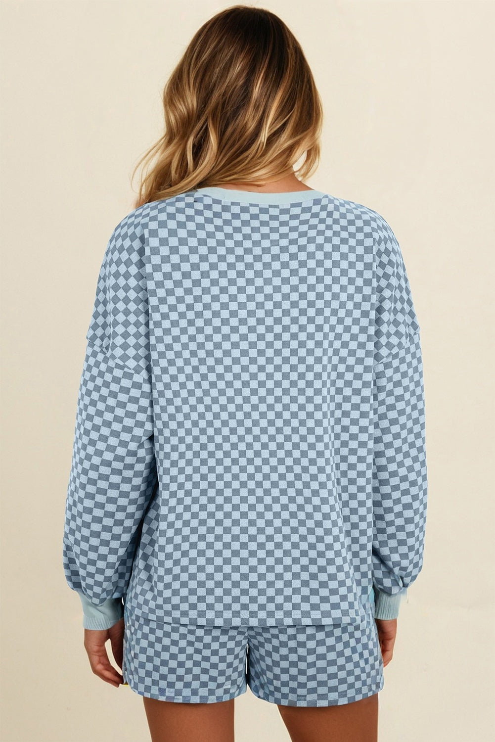 Sky Blue Checkerboard Long Sleeve Pullover and Shorts Set