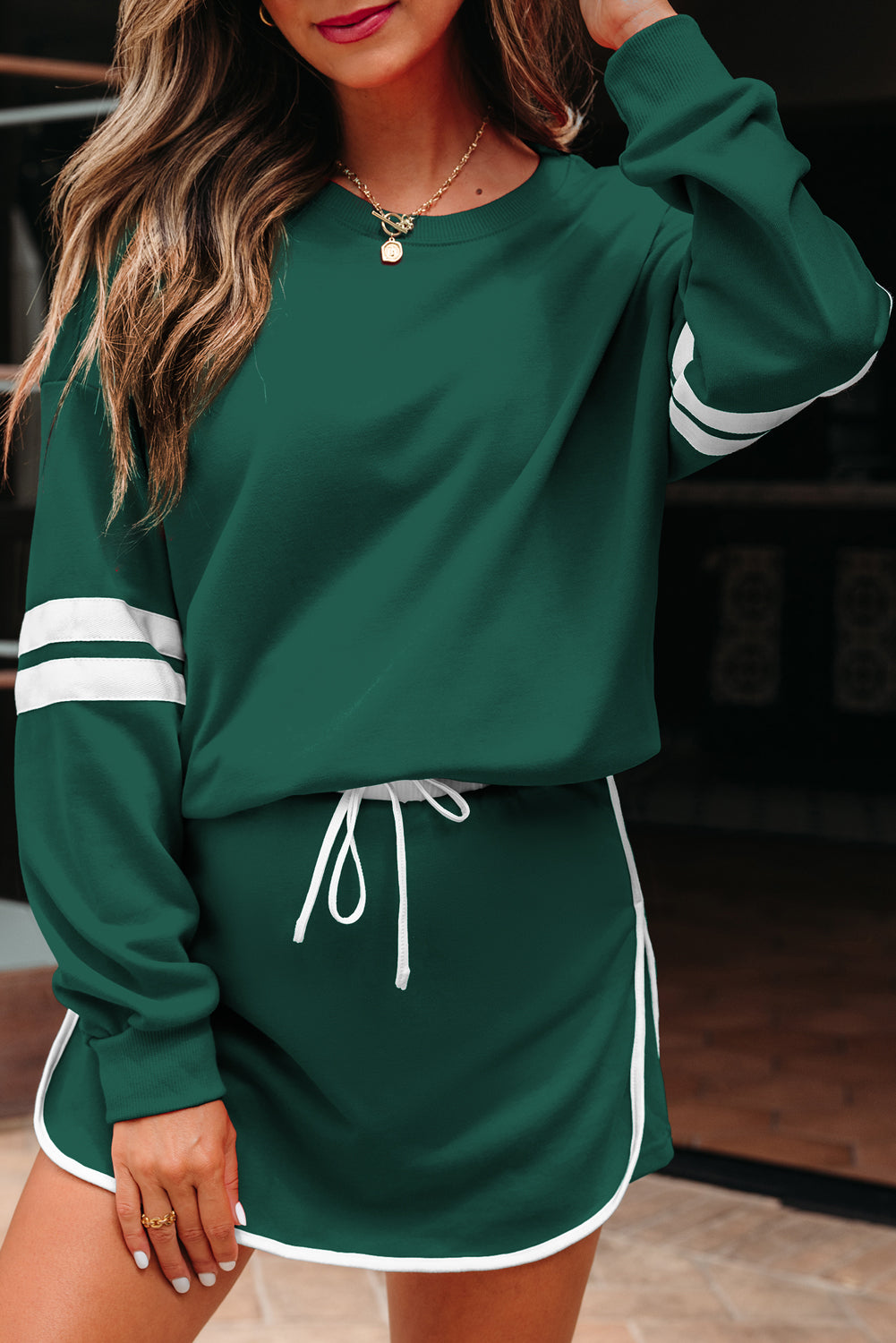 Fiery Red Varsity Stripe Detail Drop Shoulder Pullover Mini Skirt Set