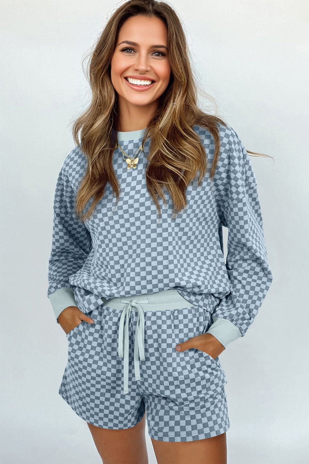 Sky Blue Checkerboard Long Sleeve Pullover and Shorts Set