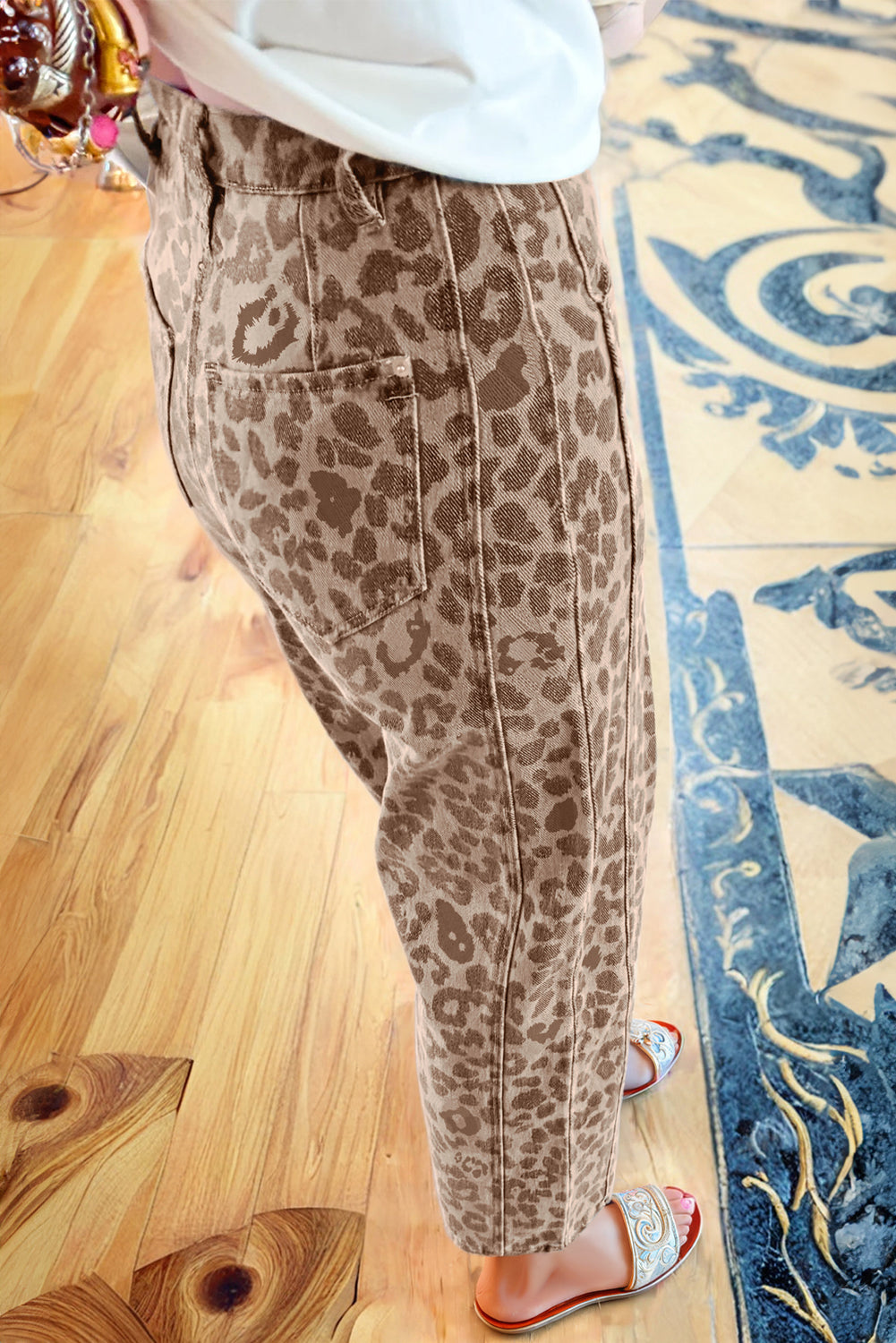 Khaki Leopard Print Straight Loose Jeans