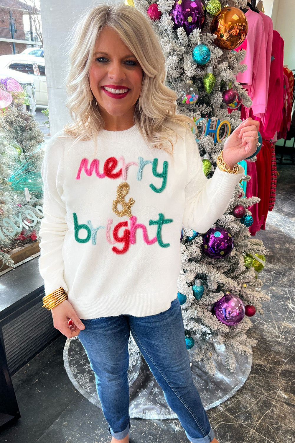 White Holly Jolly Round Neck Casual Sweater