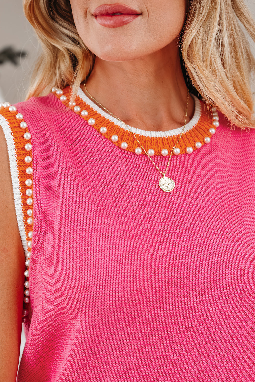 Bright Pink Contrast Trim Pearl Detail Sweater Tank Top