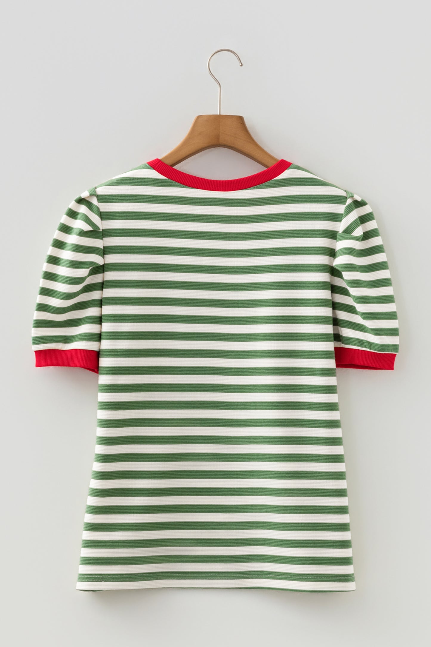 Green Stripe Short Puff Sleeve Contrast Trim Round Neck Tee