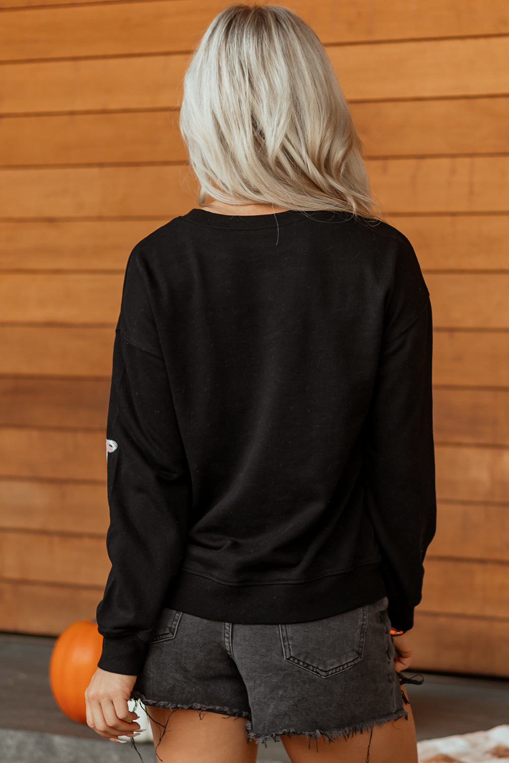 Black Sequin Cute Bow Ghost Graphic Crew Neck Halloween Sweatshirt