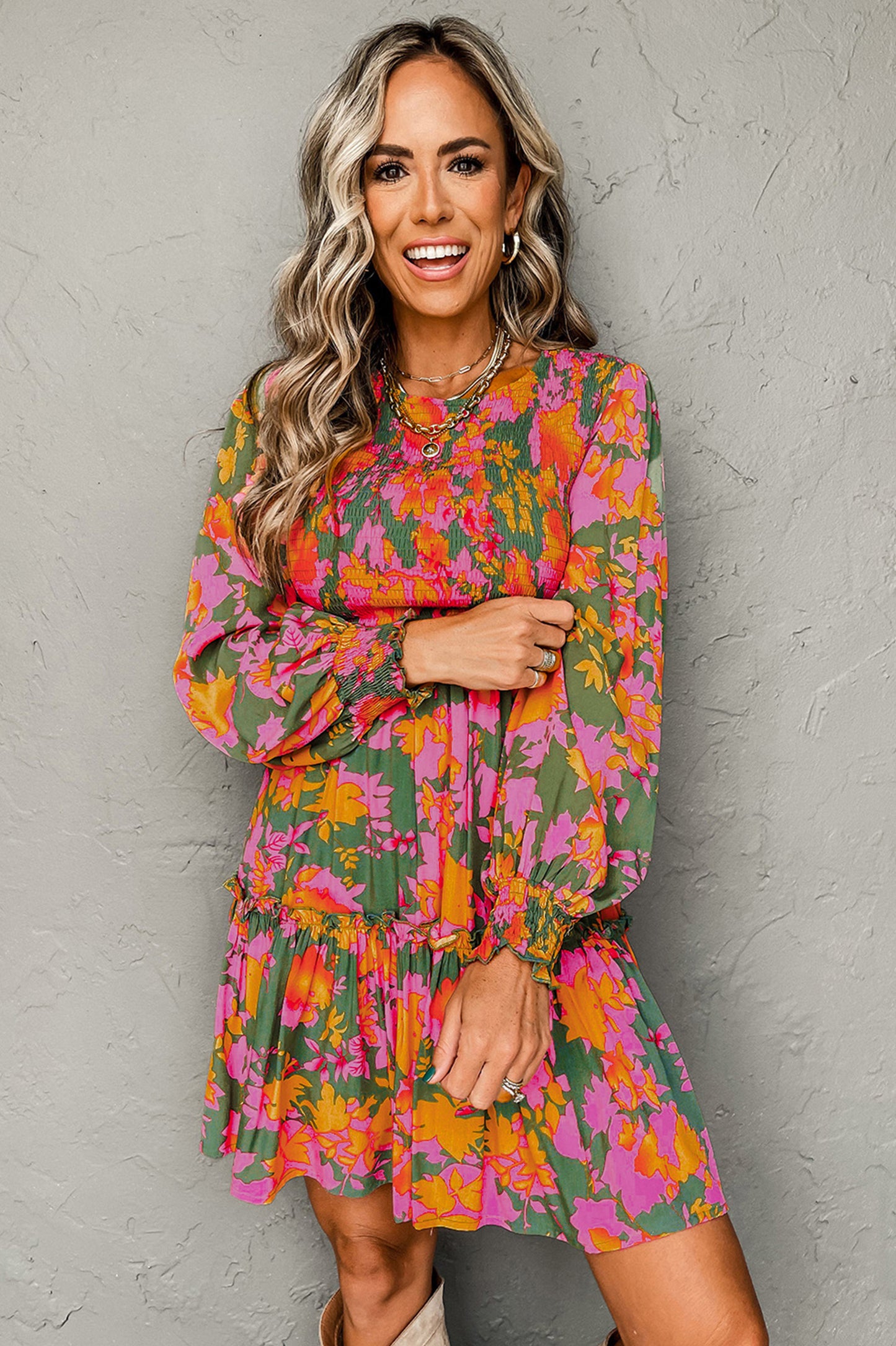 Multicolour Floral Print Long Sleeve Smocked Ruffled Mini Dress