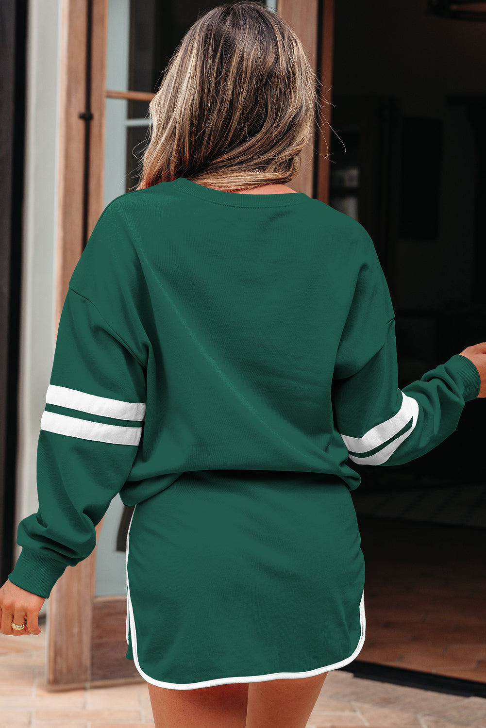 Fiery Red Varsity Stripe Detail Drop Shoulder Pullover Mini Skirt Set