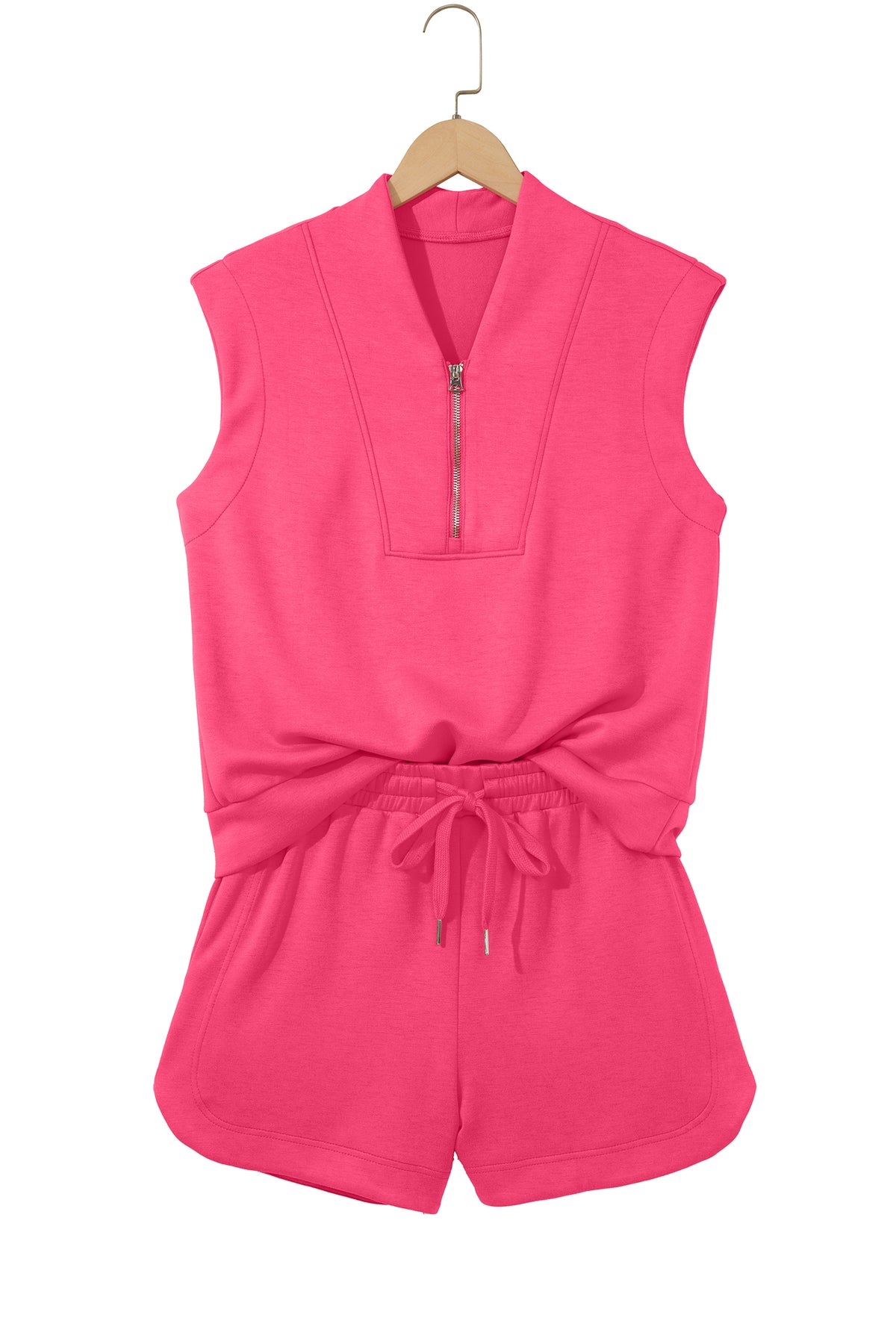 Smoke Green Quarter Zip Sleeveless Top Drawstring Shorts Casual 2pcs Outfit