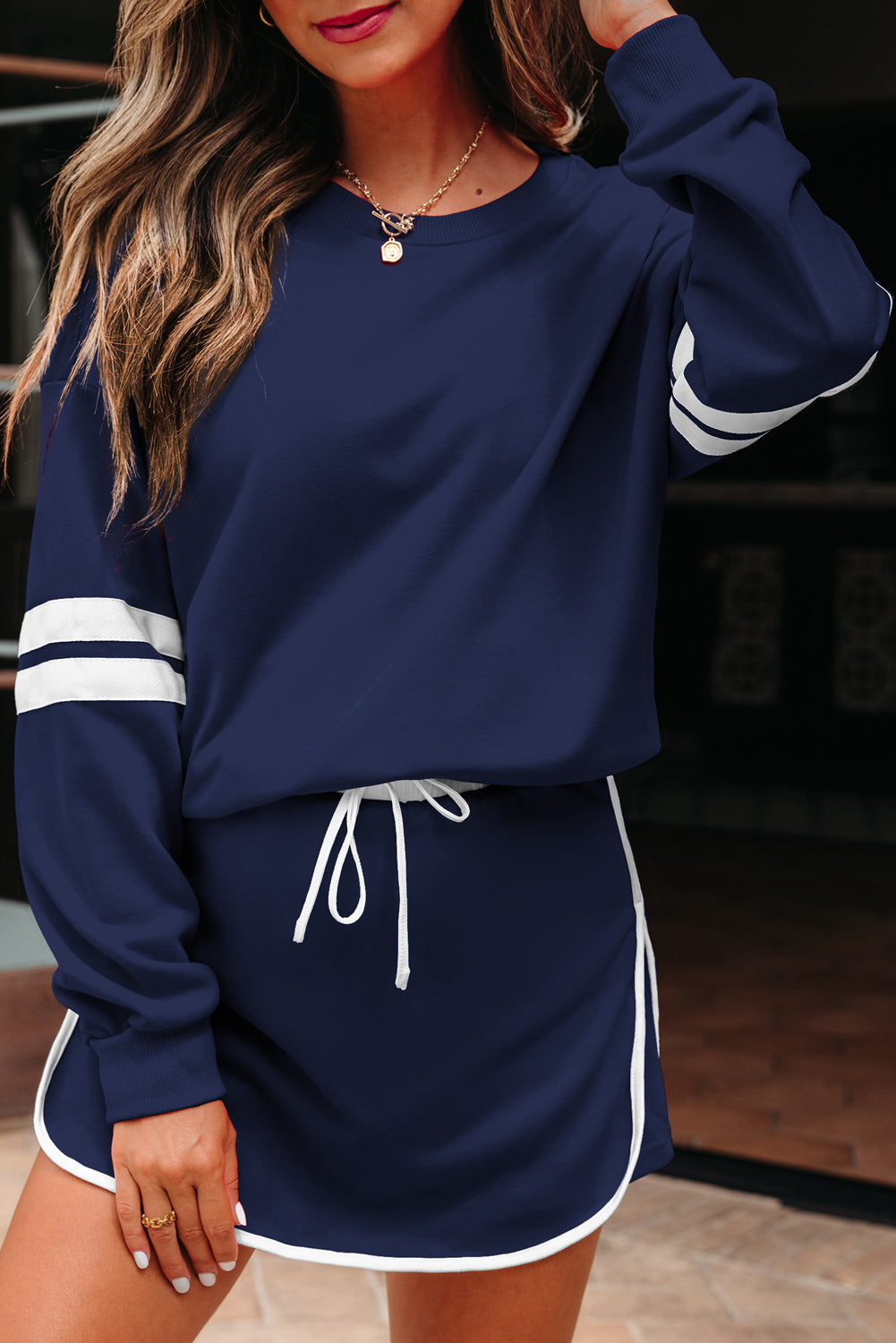 Fiery Red Varsity Stripe Detail Drop Shoulder Pullover Mini Skirt Set