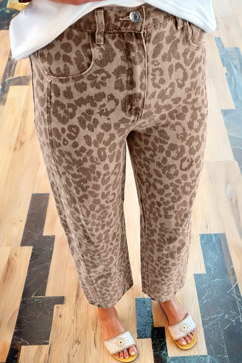 Khaki Leopard Print Straight Loose Jeans