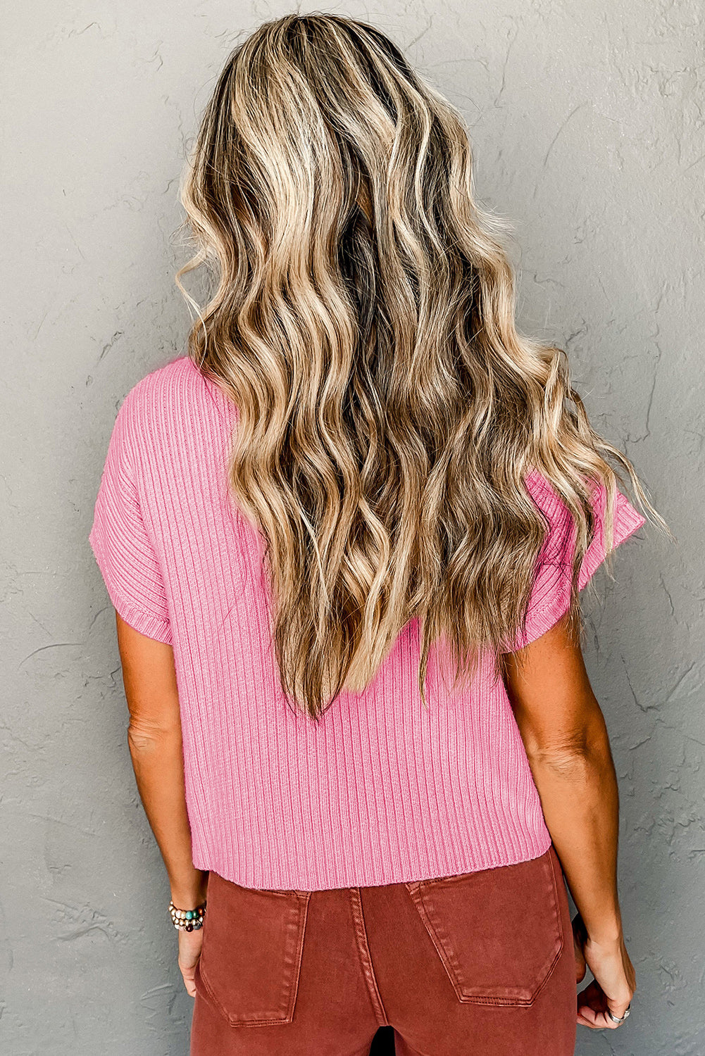 Dark Blue Patch Pocket Ribbed Knit Short Sleeve Sweater