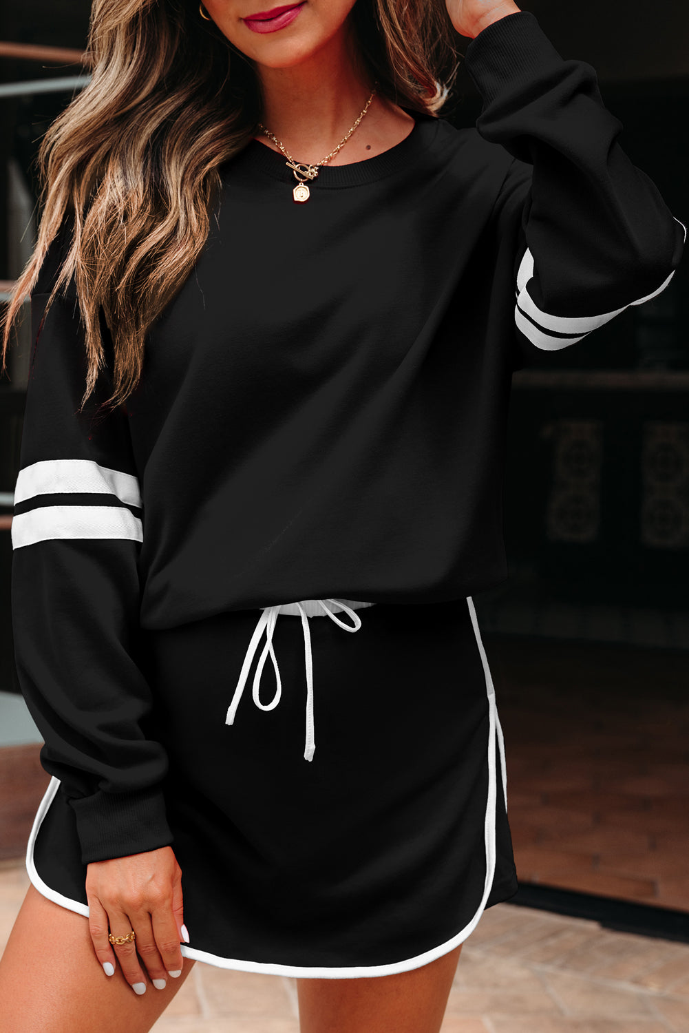 Fiery Red Varsity Stripe Detail Drop Shoulder Pullover Mini Skirt Set