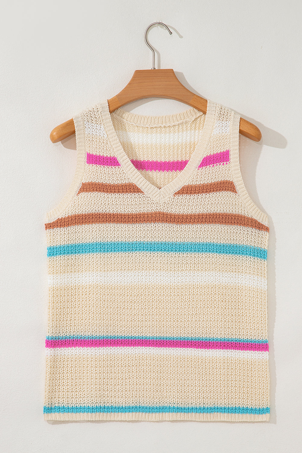 Khaki Stripe V Neck Textured Knit Vest