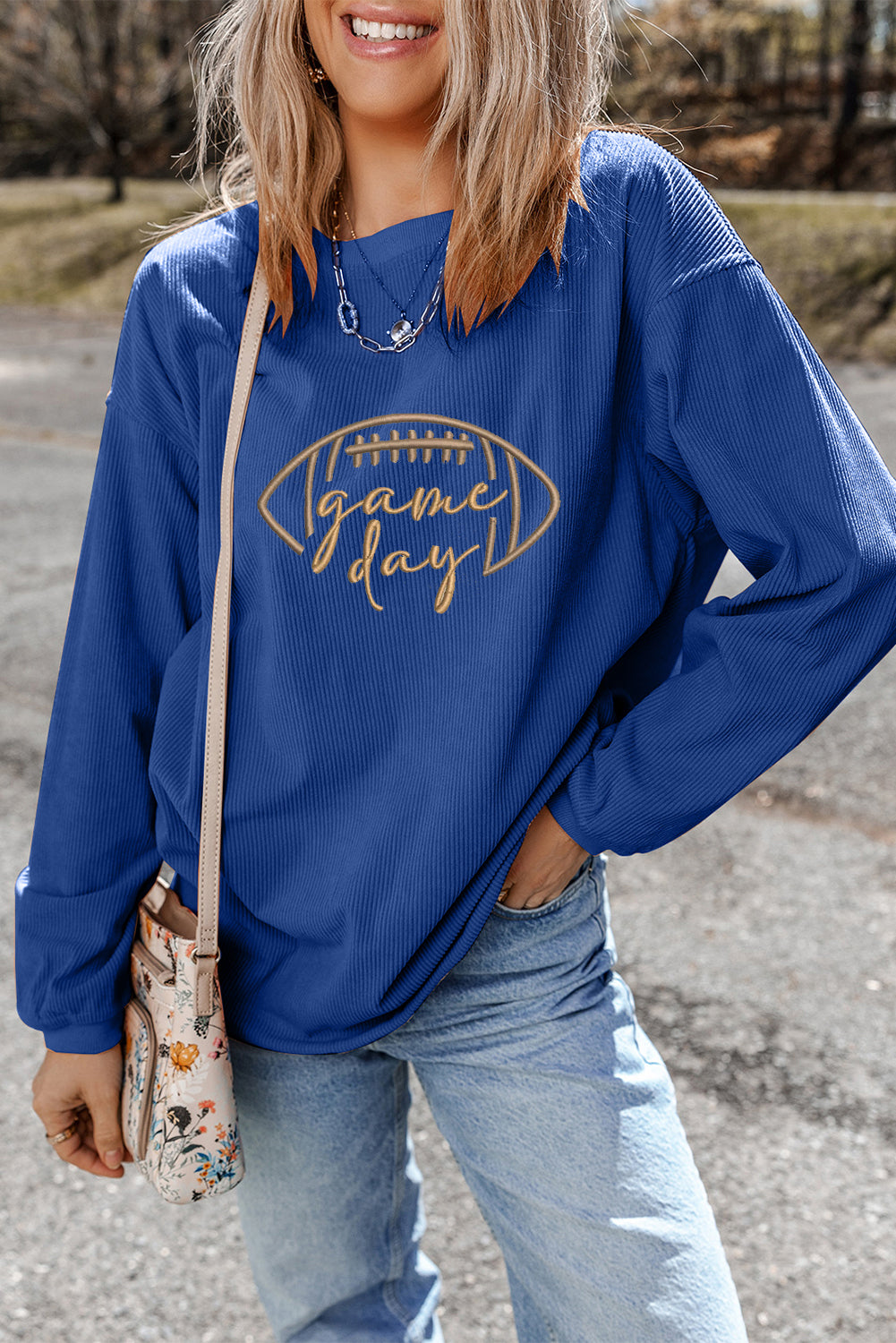 Black Rugby Game Day Embroidered Corduroy Sweatshirt