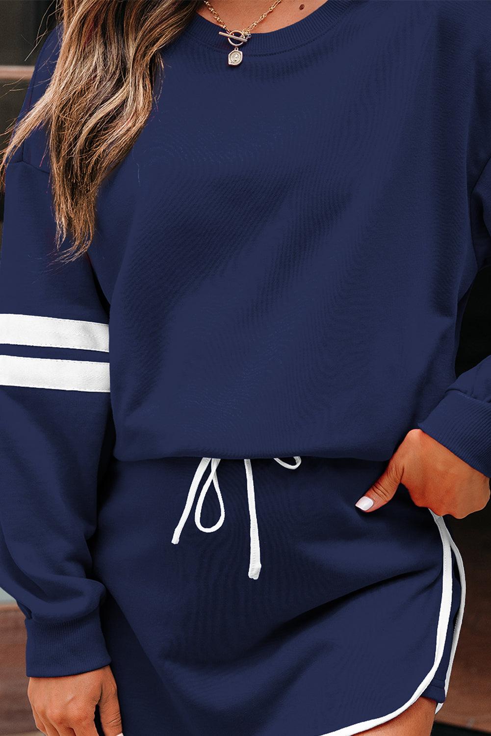 Fiery Red Varsity Stripe Detail Drop Shoulder Pullover Mini Skirt Set
