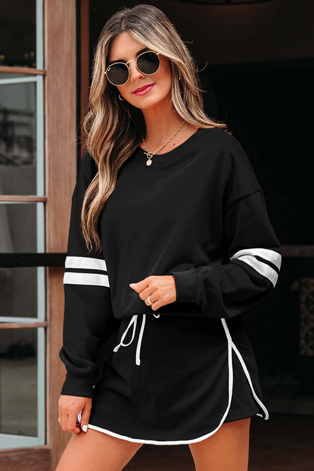 Fiery Red Varsity Stripe Detail Drop Shoulder Pullover Mini Skirt Set
