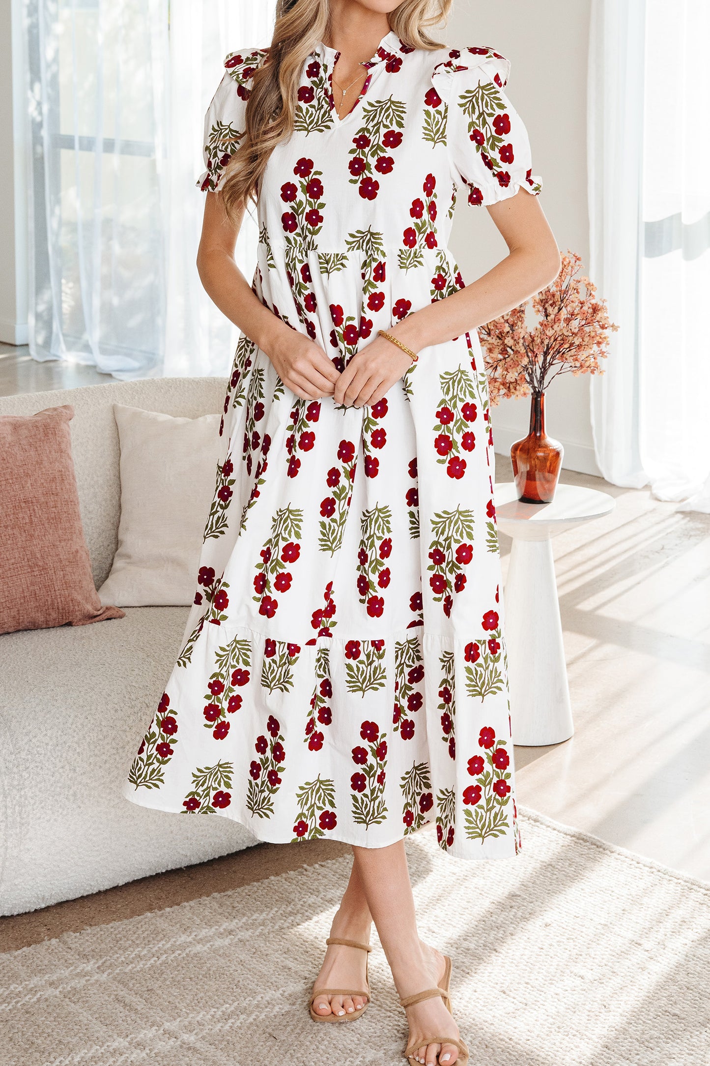 Beige Floral Short Bubble Sleeve Tiered Maxi Dress