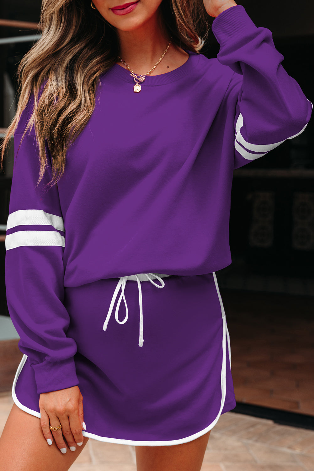 Fiery Red Varsity Stripe Detail Drop Shoulder Pullover Mini Skirt Set