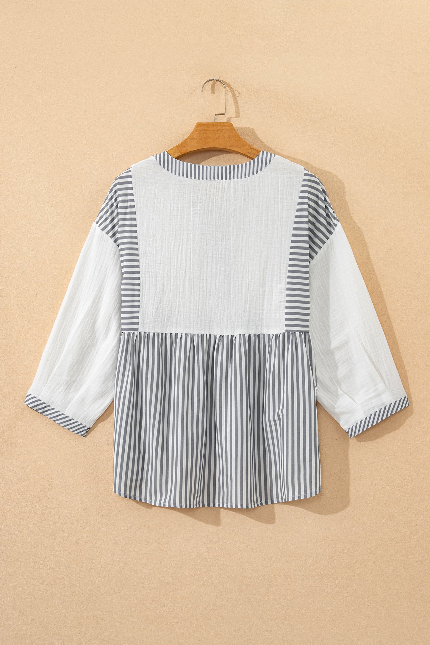 Gray Stripe Half Button Gauze Patchwork Bracelet Sleeve Babydoll Blouse