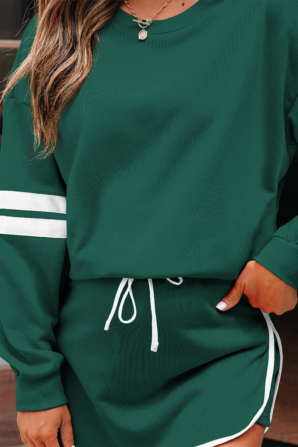 Fiery Red Varsity Stripe Detail Drop Shoulder Pullover Mini Skirt Set