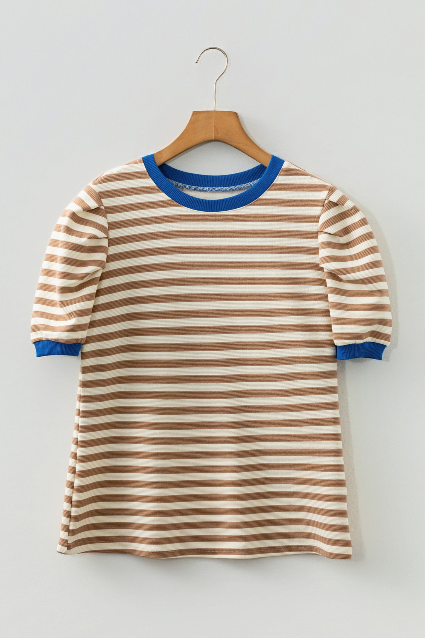 Green Stripe Short Puff Sleeve Contrast Trim Round Neck Tee