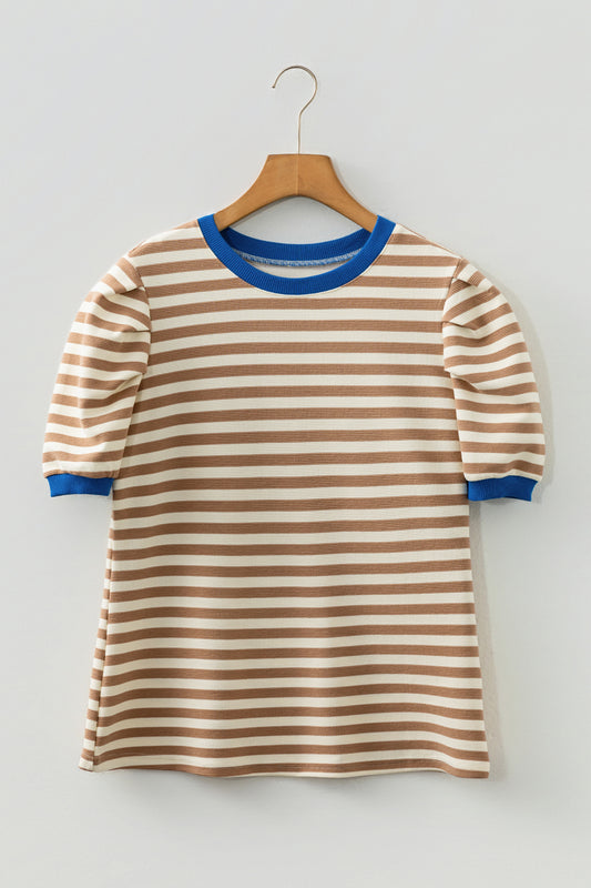 Green Stripe Short Puff Sleeve Contrast Trim Round Neck Tee