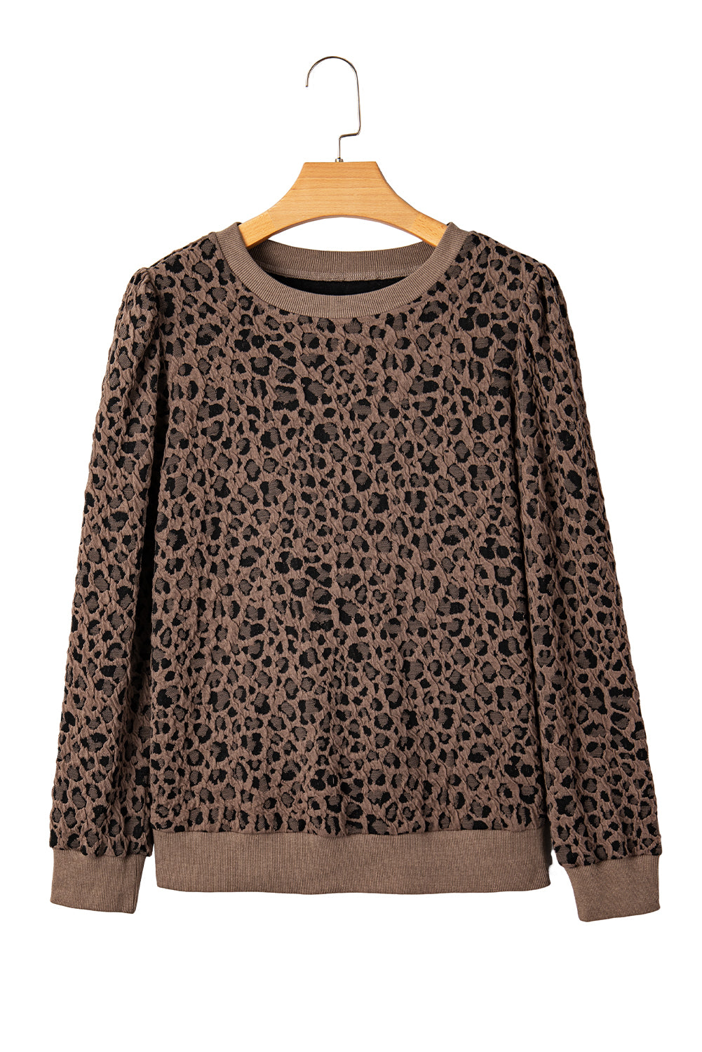 Khaki Ribbed Trim Leopard Print Long Sleeve Top