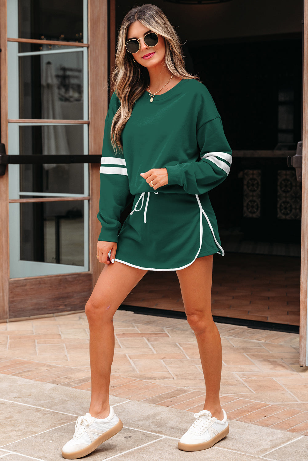 Fiery Red Varsity Stripe Detail Drop Shoulder Pullover Mini Skirt Set
