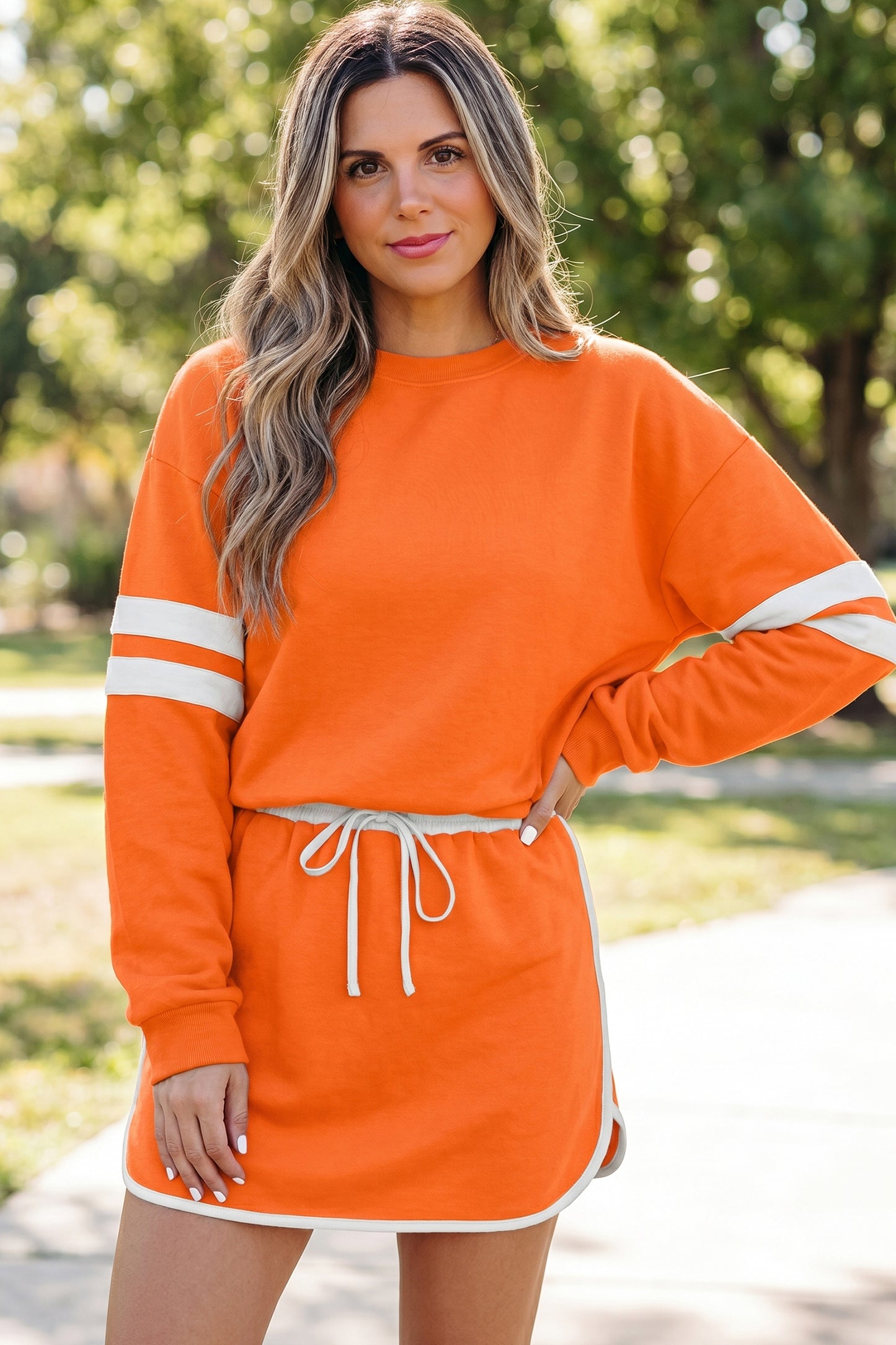 Fiery Red Varsity Stripe Detail Drop Shoulder Pullover Mini Skirt Set