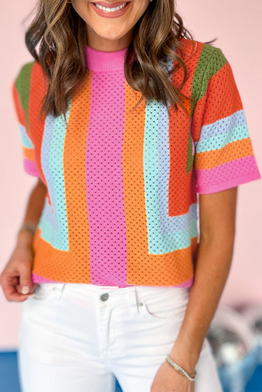 Orange Colorblock Eyelet Casual Knit T Shirt