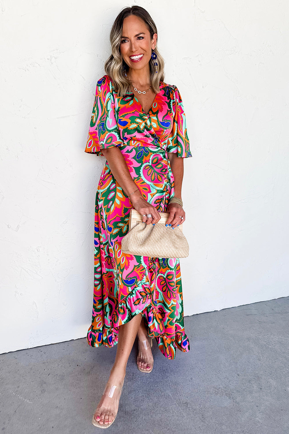 Rose Tropical Plant Print Surplice V Neck Ruffle Hem Maxi Dress