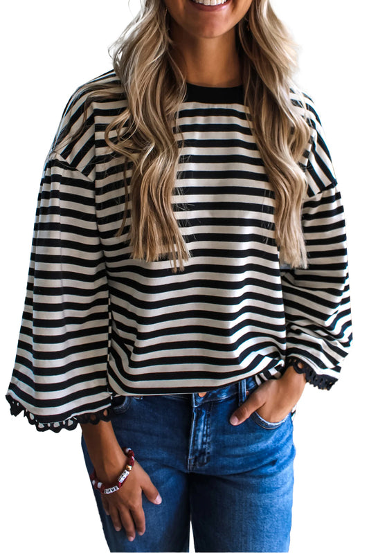 Black Striped Round Neck Contrast Trim Bell Sleeve Top