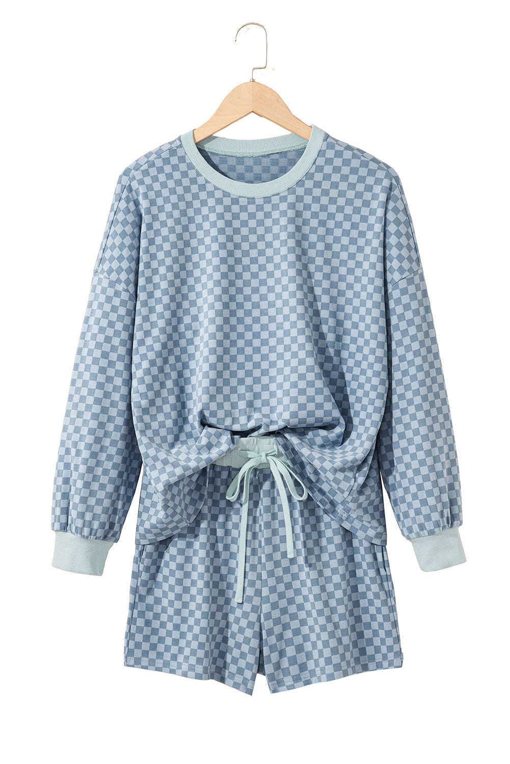 Sky Blue Checkerboard Long Sleeve Pullover and Shorts Set
