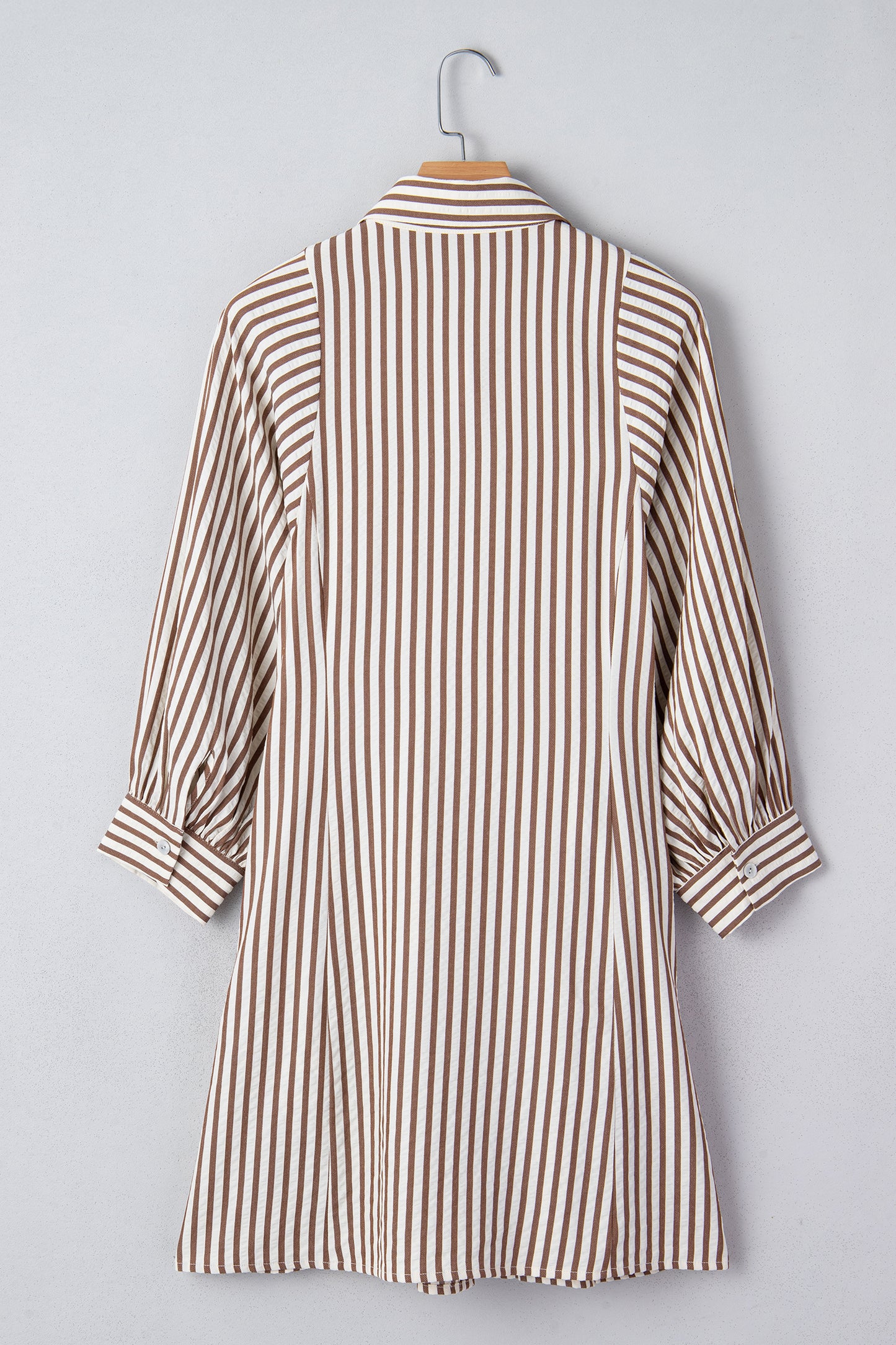 Brown Stripe Knot Waist Puff Sleeve Button Down Mini Shirt Dress
