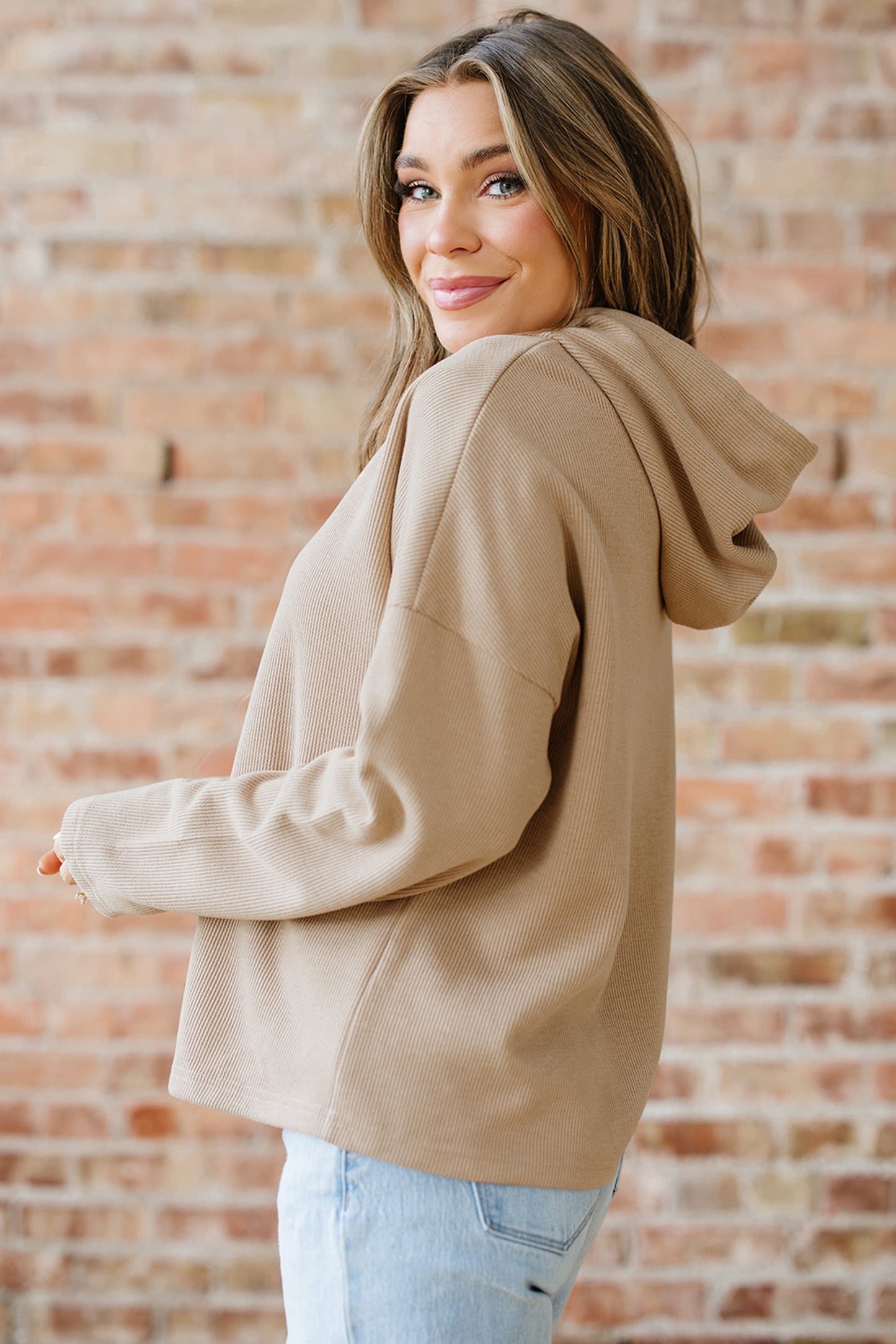 Jet Stream Thermal Textured Lace Drawstring Baggy Hoodie